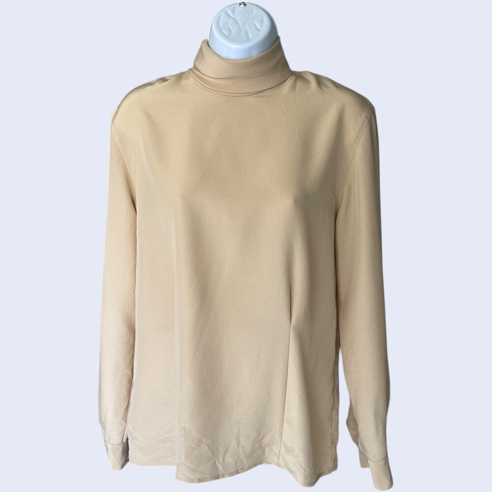 Jones New York Minimalist Mock Neck Blouse - Beige Long Sleeve 90s Classic
